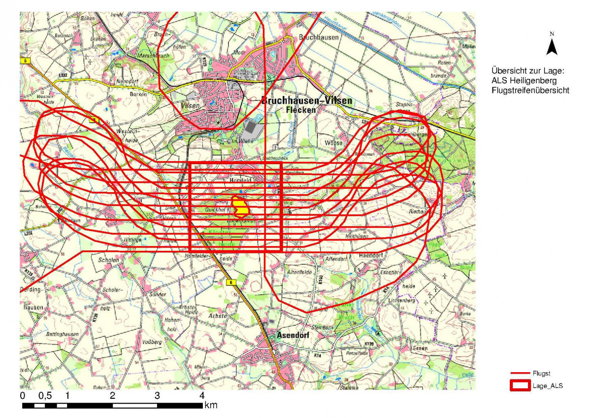 Flugstreifenübersicht der Prospektion mit Eintrag der gemessenen Fläche von etwa 4,5 km². 