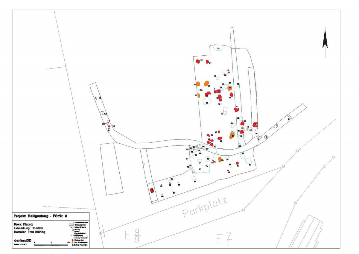 Plan der Ausgrabungsfläche Ende November 2011 nach Abschluss der Grabungen mit Eintrag der archäologischen Befunde.